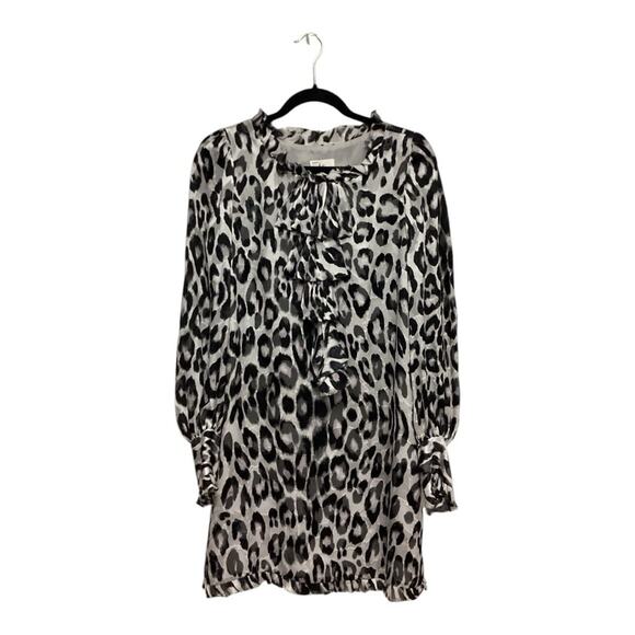Milly 100% Silk Grey Black Cheetah Print Ruffle Long Sleeve Dress Size 10 - Picture 2 of 5